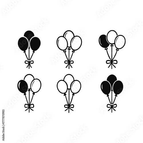 Set of six hand drawn balloon bunches in black and white