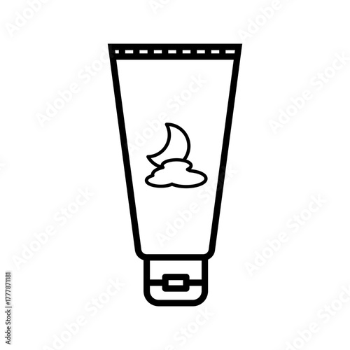 night cream tube icon Vector illustration of a cosmetic tube with a moon and cloud symbol, representing night cream or nighttime skincare product packaging. Minimalist outline style on white backgroun