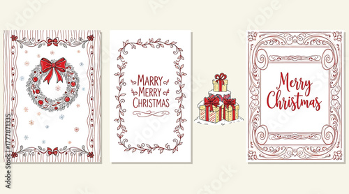 Elegant christmas card designs isolated on white background a set of three festive cards featuring wreaths, greetings, and gifts, perfect for spreading holiday cheer