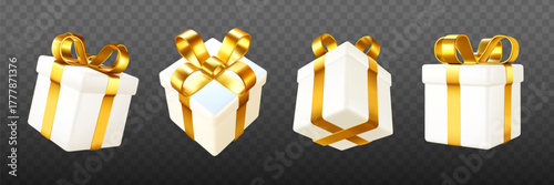 White gift boxes decorated with shiny golden ribbons shown in different angles, glossy graphic style, isolated on transparent background. Vector illustration
