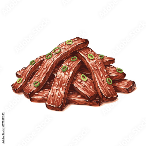 Stack of savory marinated meat strips garnished with sesame seeds and sliced green onion