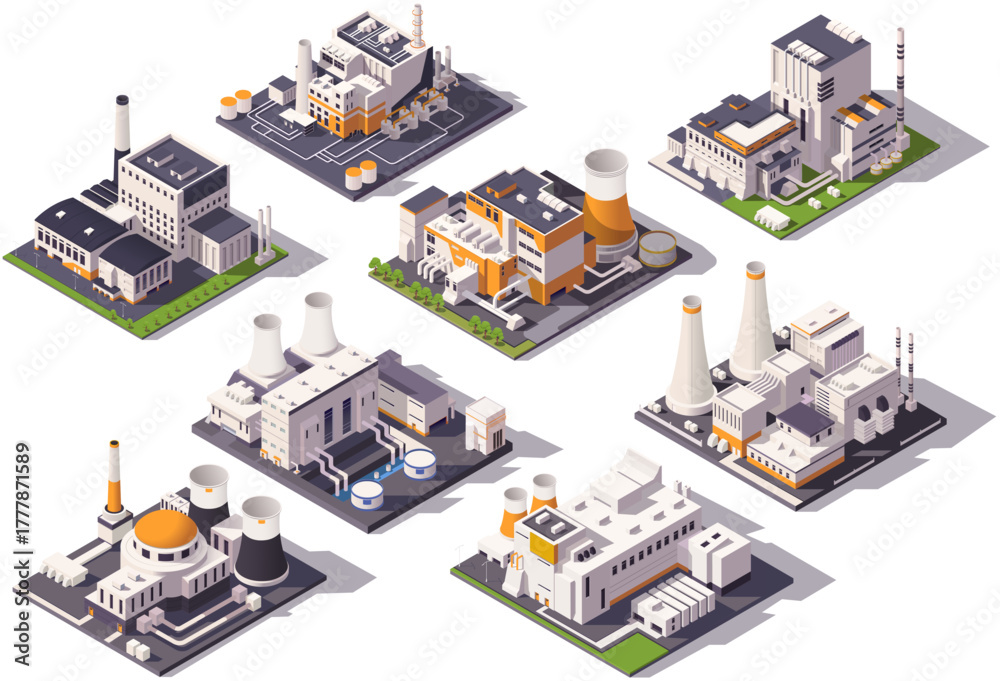 Obraz premium Set of industrial factory buildings in isometric graphic style on white background. Concept of manufacturing infrastructure. Vector illustration
