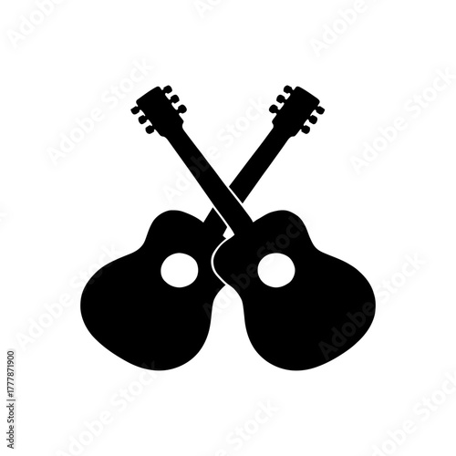 Two acoustic guitars crossed silhouetted against white background