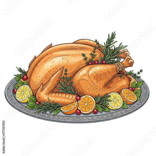 Roasted turkey thanksgiving dinner christmas feast holiday celebration food illustration clip art image on transparent background