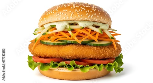 A chickpea burger on a sesame bun with lettuce, chickpeas, guacamole, shredded cheddar cheese, tomatoes, radish, and sprouts close-cut on a white background