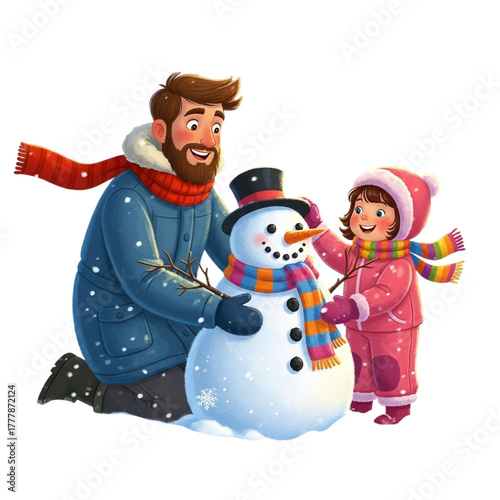 Father and daughter building snowman winter scene illustration christmas holiday family fun outdoor activity on transparent background