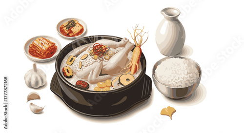 Traditional nourishing chicken soup preparation served with rice and assorted side dishes