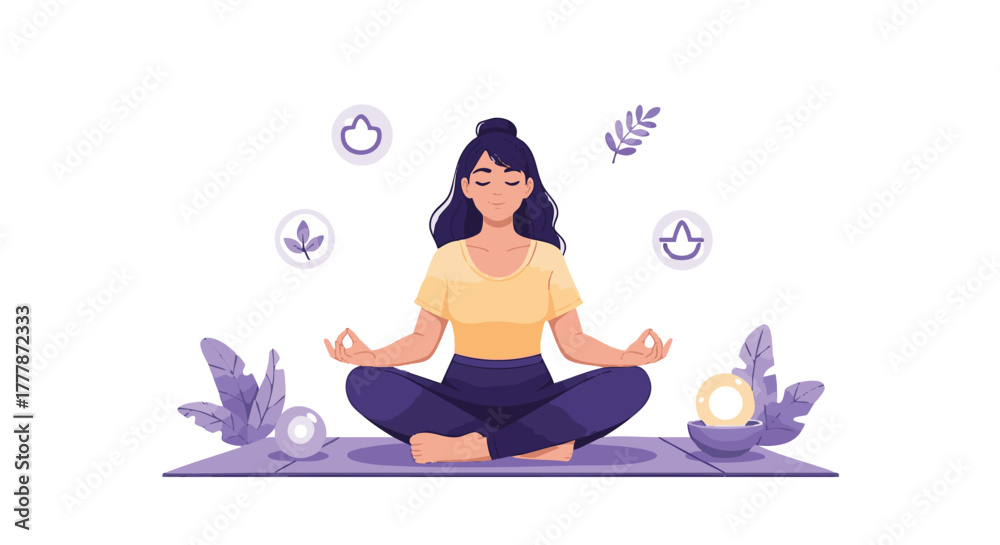 Obraz premium Peaceful woman practices seated meditation surrounded by spiritual symbols and glowing orbs