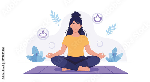 Young woman practices mindful meditation in a calm setting with elemental symbols