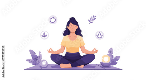 Peaceful woman practices seated meditation surrounded by spiritual symbols and glowing orbs