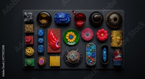 Colorful Assorted Candies and Chocolates on Black Tray Over Dark Background