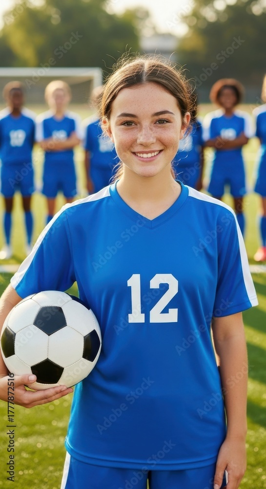 Fototapeta premium Young athlete smiles proudly while holding a soccer ball before a game in a vibrant sports field in early afternoon