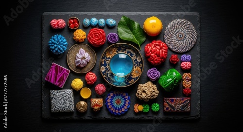Colorful Decorative Stones and Ornaments on Black Slate Display