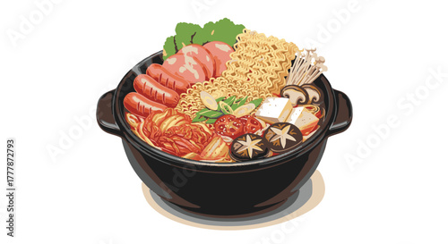 Hot pot stew featuring noodles, sliced meats, tofu, and various vegetables simmered in a black serving dish
