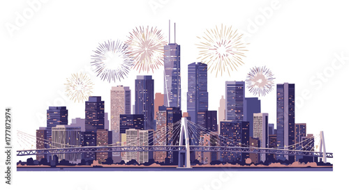 Modern metropolis skyline illuminated by vibrant celebratory fireworks above a prominent suspension bridge over water