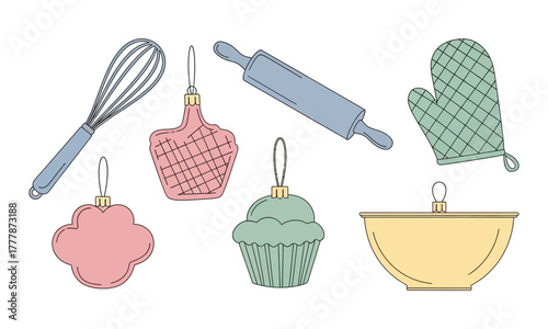 Christmas ornaments shaped like kitchen items including whisk, rolling pin, oven mitt, cupcake, and mixing bowl in vector style