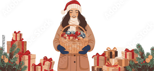 Cheerful young woman wearing festive hat holds basket full of holiday decorations amidst market stalls and presents