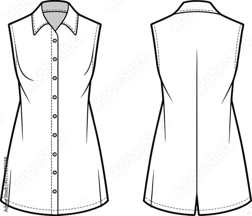 Sleeveless shirt dress, technical fashion sketch, front and back view, button-down design, collar detail, princess seams, yoke, pleat, curved hem