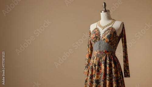 Stylish dress and accessories displayed on mannequin against neutral beige background, soft studio lighting, modern minimalist aesthetic, perfect for fashion branding and boutique visuals.