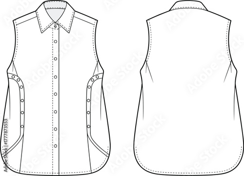 Sleeveless shirt technical sketch, front and back view, button-up design, fashion flat, garment illustration, apparel template, vector drawing, clothing blueprint