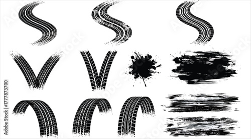 Dynamic tire track collection isolated on white background showcasing various patterns and textures, ideal for adding a sense of movement and ruggedness to automotive designs