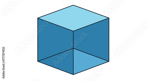 Isometric illustration of a blue cube with visible edges and corners, showcasing a three-dimensional geometric shape.