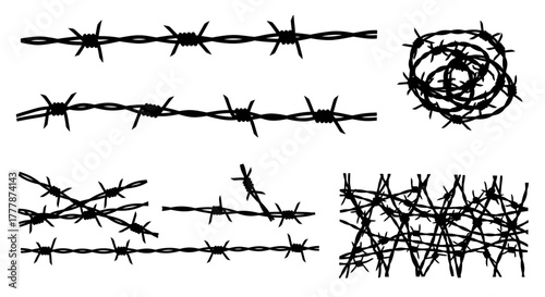 Collection of various barbed wire designs and patterns, including straight lines and coils, presented in black and white silhouette.