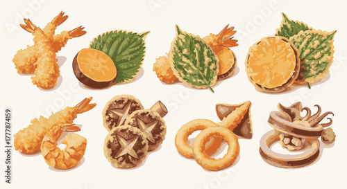 Assorted collection of delicately battered and deep-fried seafood and vegetable morsels presented on a clean background.