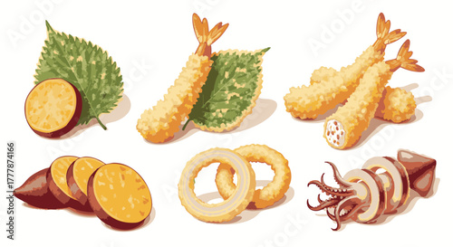 Assortment of deep-fried battered seafood and vegetable items presented on a white background