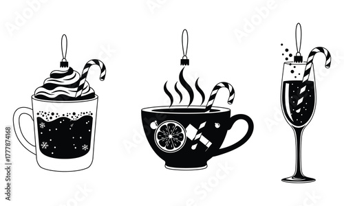 Flat vector illustration of Christmas ornaments shaped like mugs, teacups, and champagne glasses with festive drinks and candy