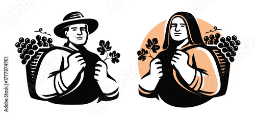 Woman with basket of grapes and leaves. Female farmer harvesting crops. Vineyard, winemaking emblem