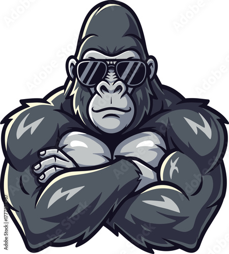 Tough, muscular gorilla mascot with crossed arms and cool black sunglasses, vector illustration of a powerful primate isolated on a white background.