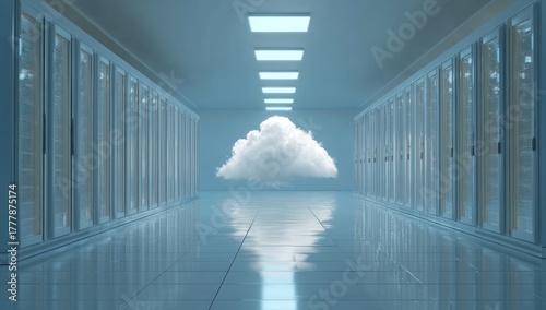 Server room aisle with floating white cloud and bright ceiling lights