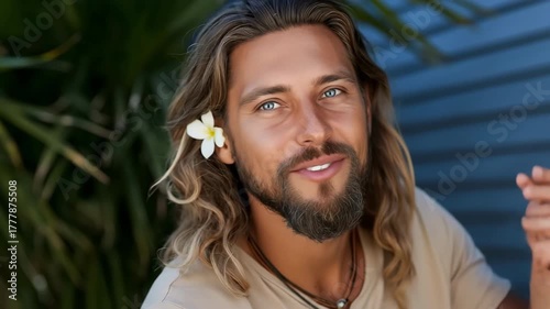 A man with long hair and a flower in his hair is smiling. He is wearing a brown shirt and a necklace