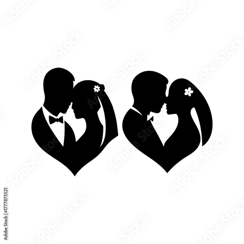 Silhouette of a bride and groom in a loving embrace forming a heart shape