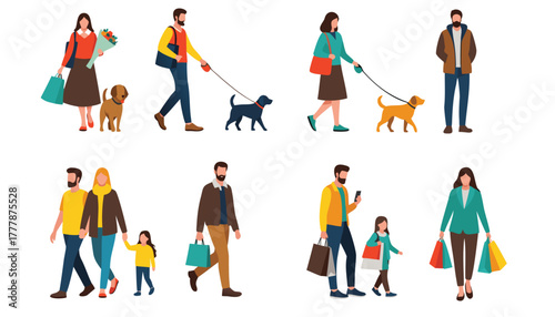 Collection of diverse people walking and shopping with dogs and bags