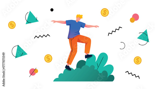 A man balancing on a bush with coins and abstract shapes floating around him