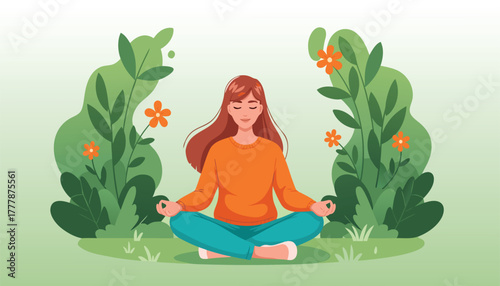 Woman meditating in a peaceful garden surrounded by lush green plants and vibrant orange flowers, promoting wellness and tranquility