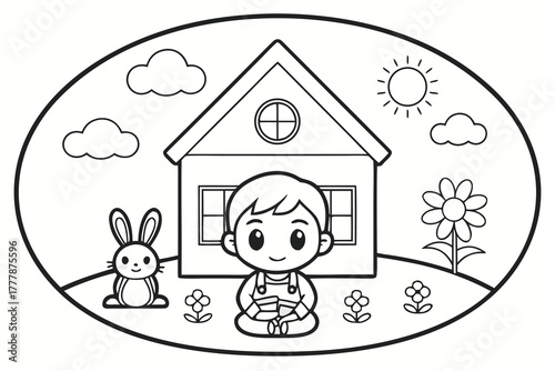 Boy and bunny in front of a house with sun and clouds