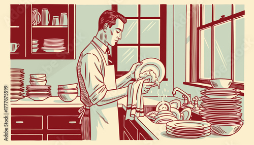 A man in an apron washes dishes by hand in a kitchen sink, surrounded by stacks of clean and dirty plates and bowls