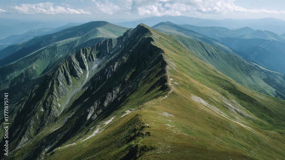 Fototapeta premium Grassy mountain ridge with a sharp summit, steep rocky cliffs to one side, and distant blue ranges on the horizon. Concept Grassy mountain ridge, Sharp summit, Steep rocky cliffs