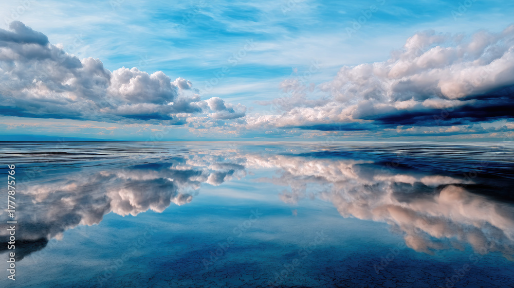 Obraz premium Minimal coastline scene with mirror-like water surface reflecting clouds, surreal tranquility