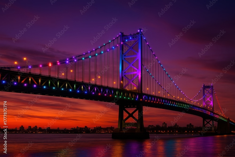 Fototapeta premium Illuminated suspension bridge stretching across tranquil waters under a dramatic sky