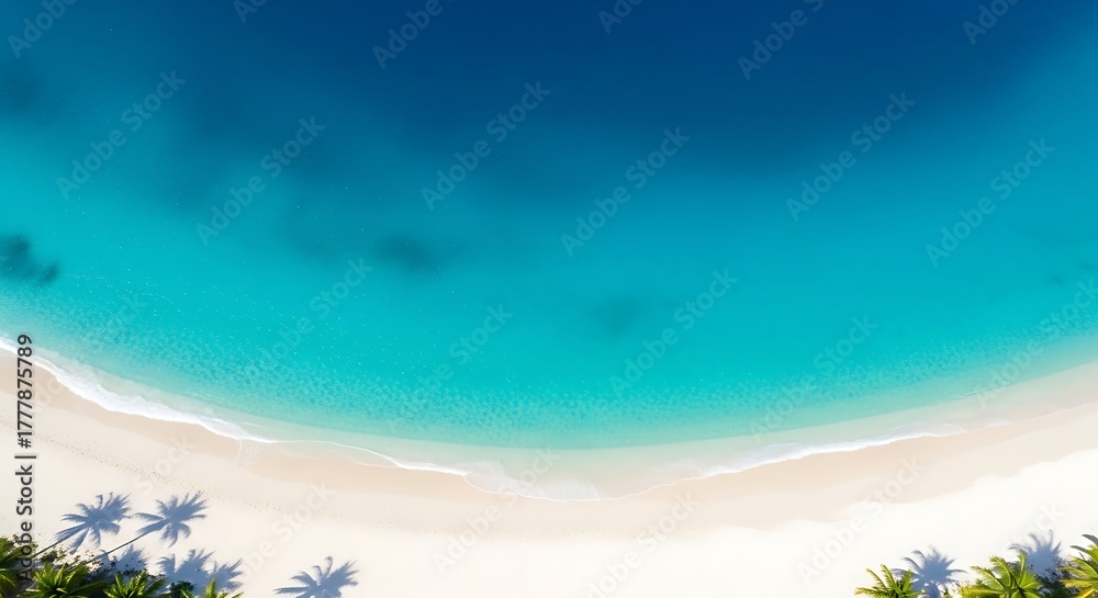 Obraz premium Experience paradise with this aerial view of a stunning tropical beach and turquoise ocean, perfect for summer travel and vacation vibes