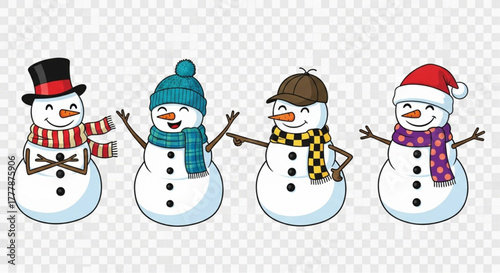 Four charming snowmen, each uniquely adorned with vibrant winter accessories, stand together, embodying the spirit of winter and holiday cheer.   vector illustration