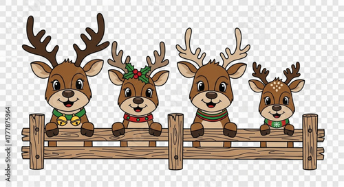 Four friendly cartoon reindeer gather cheerfully, leaning over a charming wooden fence, each adorned with festive details. vector illustration