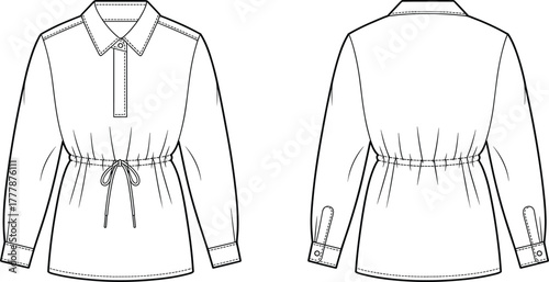 Women's blouse technical sketch, long sleeve shirt, front and back view, drawstring waist, button cuff, fashion flat illustration, apparel design