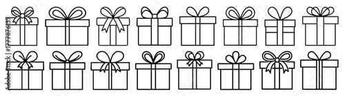 Square Gift Box Silhouette Icon Set - Elegant Black Line Vector Design with Ribbon Bow on Transparent Background