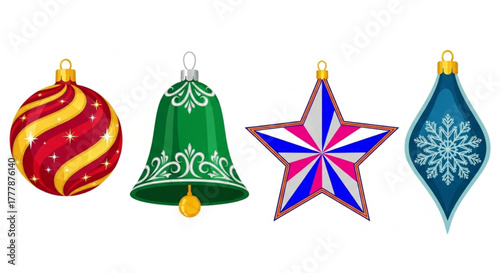 Christmas ornaments in various shapes and colors, festive decoration with bauble and stars. evoke a sense of festive cheer and the anticipation of holiday celebrations. vector illustration