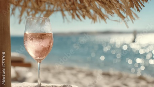 pink rosé in a stemmed glass on a sunny beach under a thatched parasol, with a sparkling ocean in the background Concept Beachside Rosé Photography Under Thatched Parasol